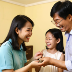 **Image Prompt:** A modern Vietnamese family receiving keys to their new, small apartment in a social housing project. Focus on the expressions of joy and hope. Soft, warm lighting. Subtle government building in the background, suggesting support.